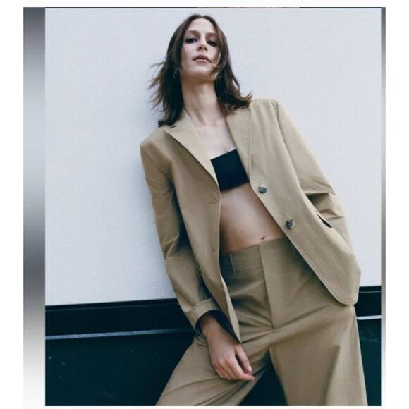 Zara Womens Blazer Suit Jacket XS Khaki Tan Brown Straight Fit 7876/346 NWT - Picture 1 of 10